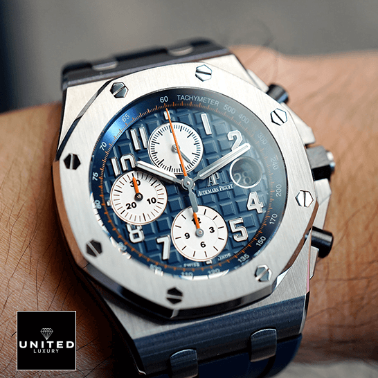 Audemars Piguet Blue Dial Royal Oak Replica on the wrist red second hand