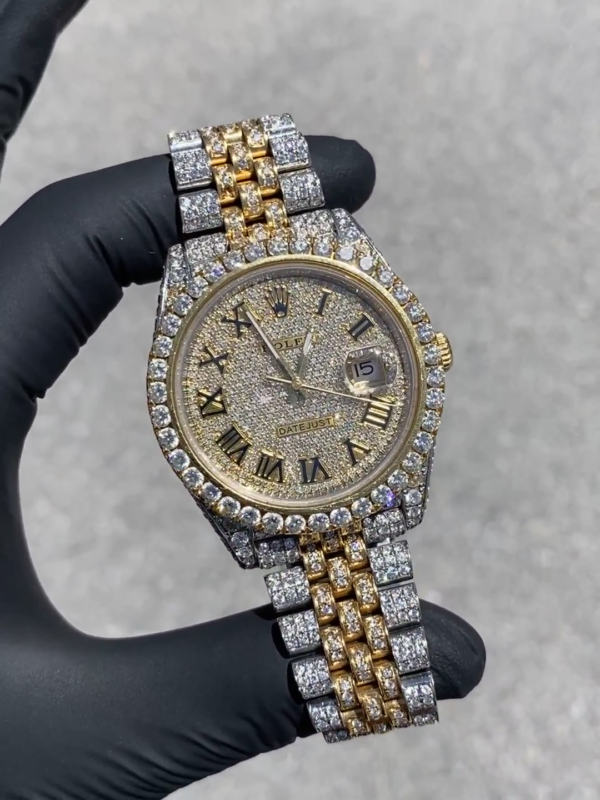 ROLEX DATEJUST 41MM YELLOW 18KT GOLD TWO-TONE VVS-1 ROMAN DIAL BUSTDOWN - United Luxury